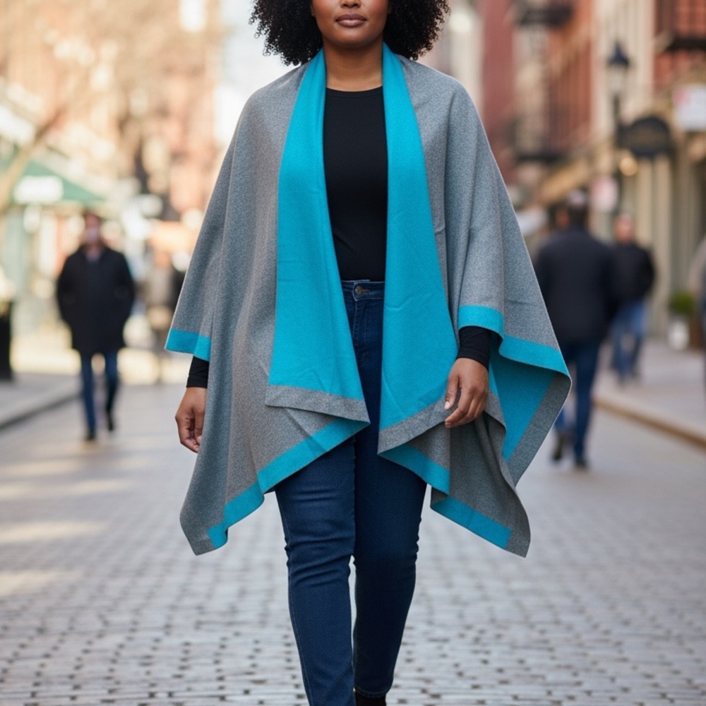 Elegant Blue and Gray Poncho Sweater